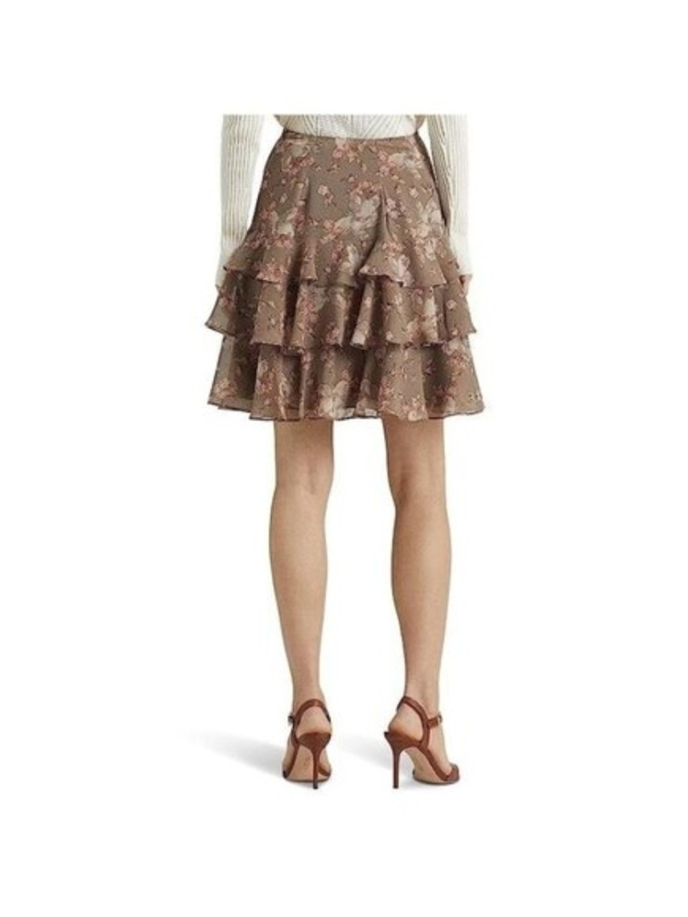 Lauren Ralph Lauren Tiered Floral Crinkle Skirt Georgette Taupe SIZE 16 Ret $145 - Picture 2 of 12